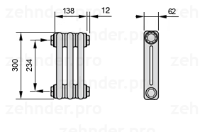 Схема (чертеж) Радиатор Zehnder Charleston 2030/3 №1270 Белый глянцевый RAL 9016